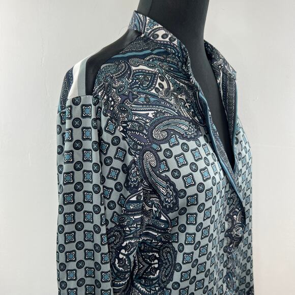 ZARA Black/Blue S Popover Blouse Paisley Print Hi Lo Hem V-Neck Long Sleeves - Picture 7 of 9